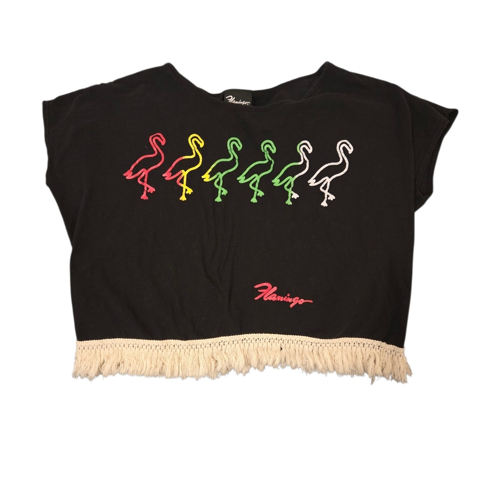 Flamingo Black Crop Top with Colorful Flamingo Print And Fringe